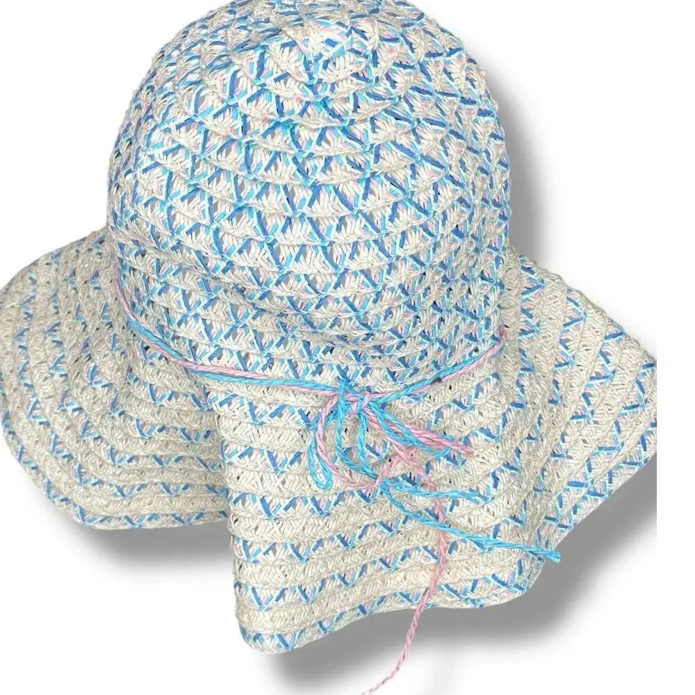 Capelli New York Kids Bucket Hat Girls Youth OS White Straw Blue Pink Sun Beach